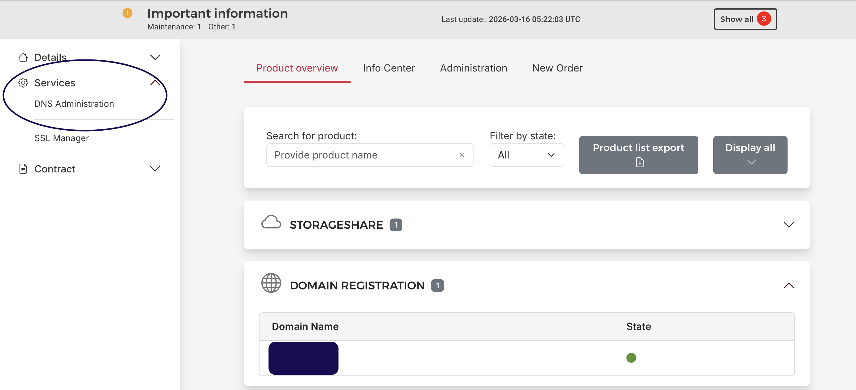 You will find the DNS administration link in the Services section on the left